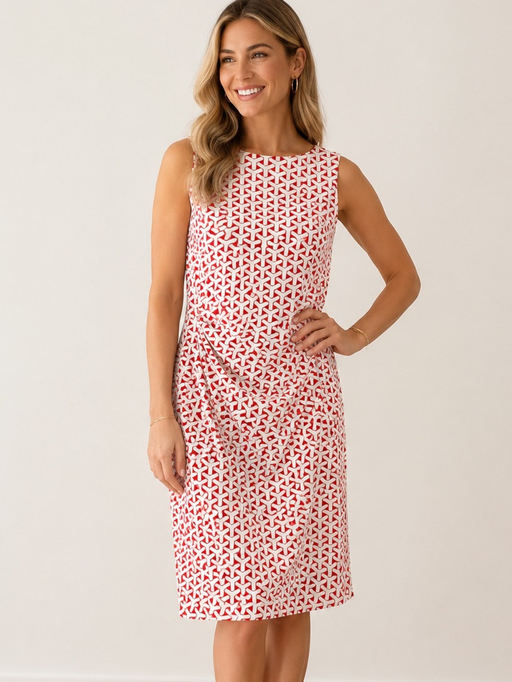 J.McLaughlin for Dillard’s Red & White Geometric Ruched Sheath Dress – Medium